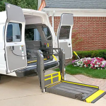 A wheelchair accessible vehicle with a lift.
